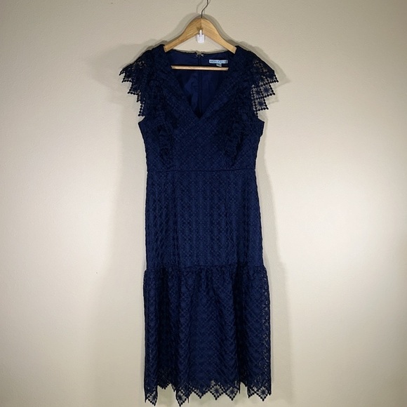 Antonio Milani Navy Blue Lace Sleeveless Midi Dress Women 6 Formal Party Wedding - Picture 2 of 13